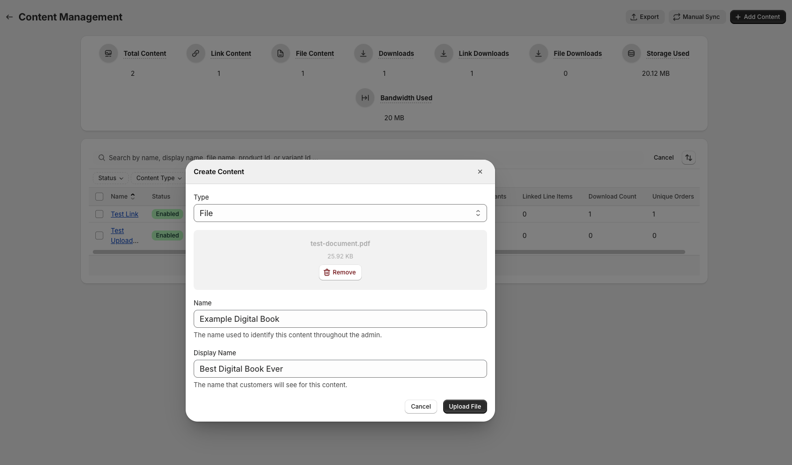 Example of file upload modal