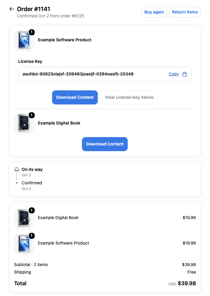 A customer's order status page with Digital Content Manager's downloads block: a revealed license key with a Copy button, and Download Content buttons for a software product and an ebook.