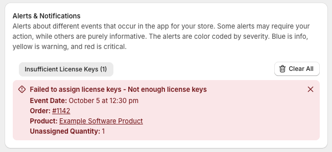 The order status page for a line item with no keys: a disabled Reveal License Key button showing the No License Key Available message.