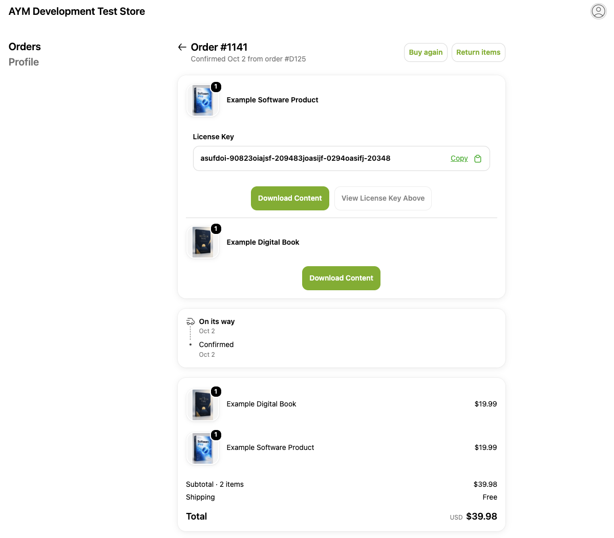 An example of the order status page with revealed license keys
