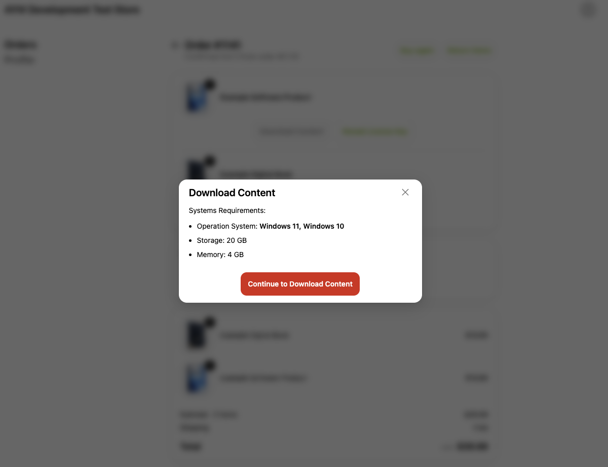 A Download Prevention message shown as a banner on the order status page, with its Continue to Download Content button.
